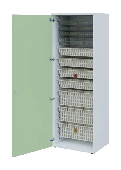 EUROMEDICA D - 66 skříň léková boxová, 1-dveřová, levá, 1950x660x535, korpus bílý, dvířka šedo-zelinkavá